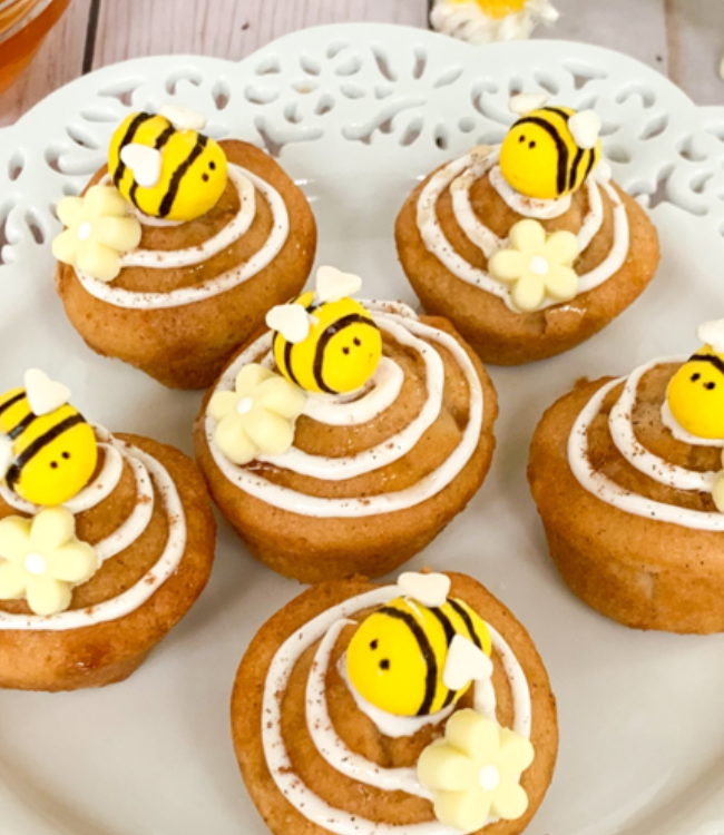 honey bun mini muffins topped with candy bees