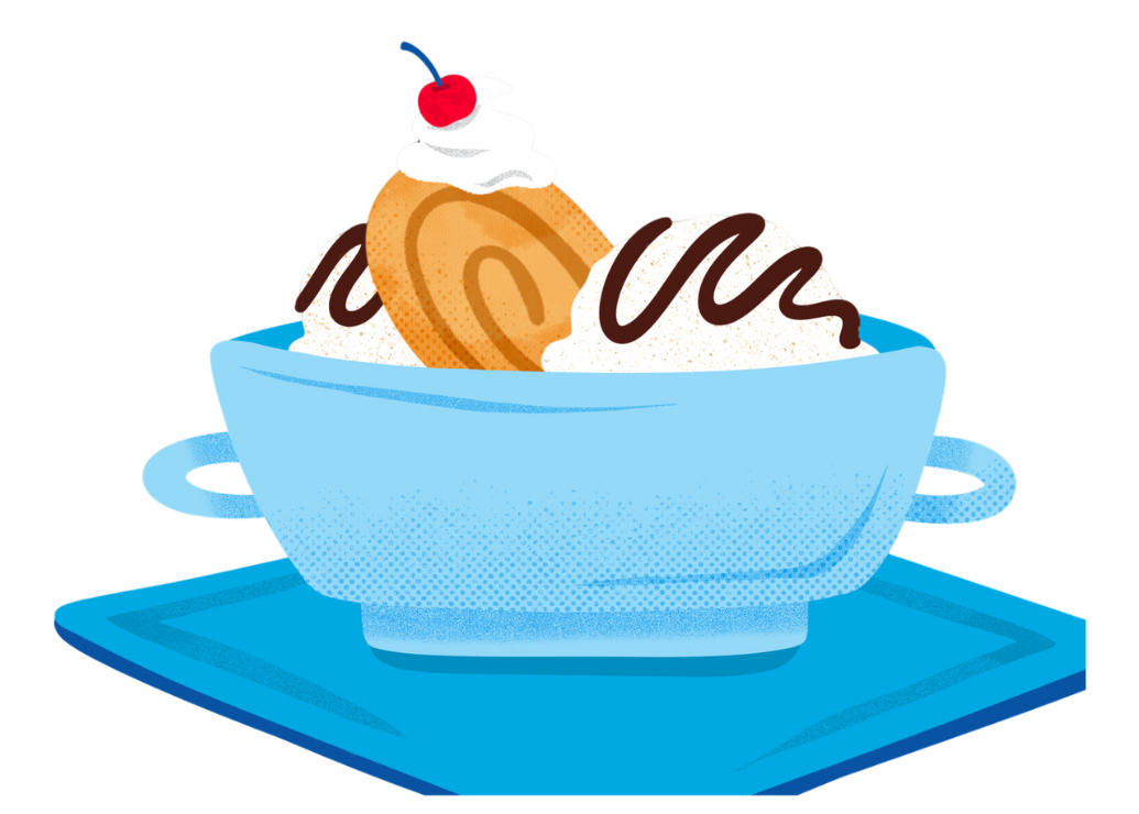 honey buns in a bowl with ice cream and chocolate sauce topped with a cherry