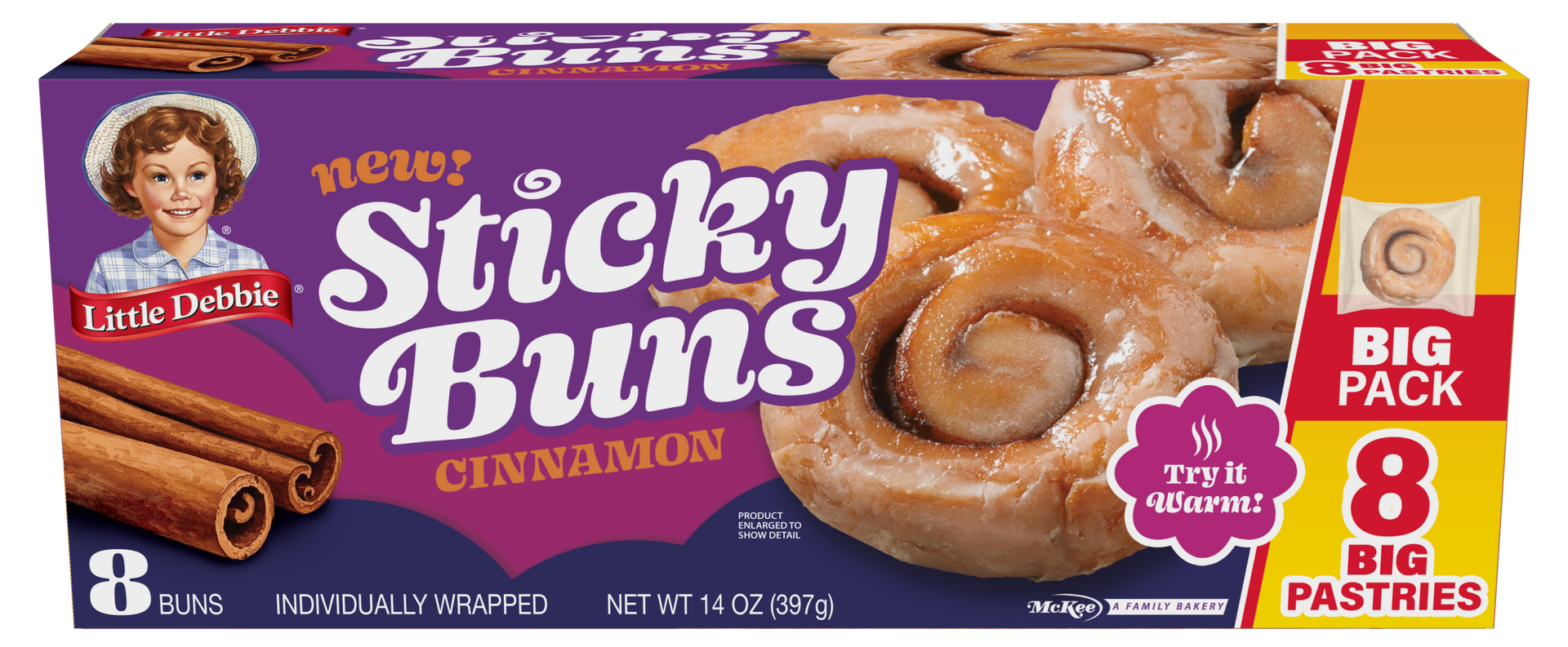 A bag of sticky buns with cinnamon sticks on a white background.