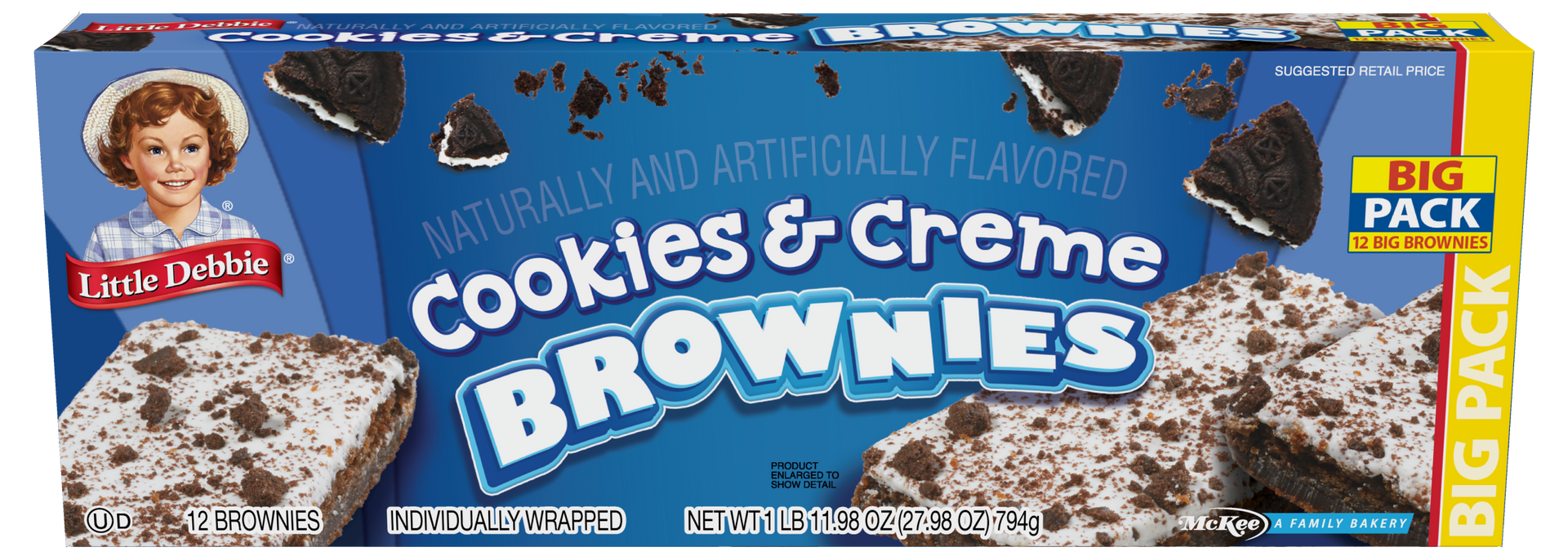 A box of cookies and creme brownies on a white background.