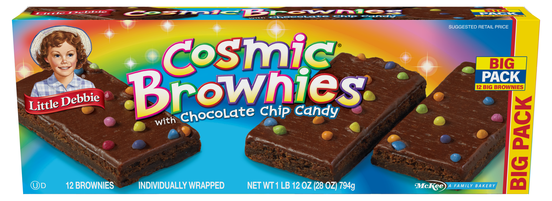 A box of cosmic brownies with chocolate chips and candy