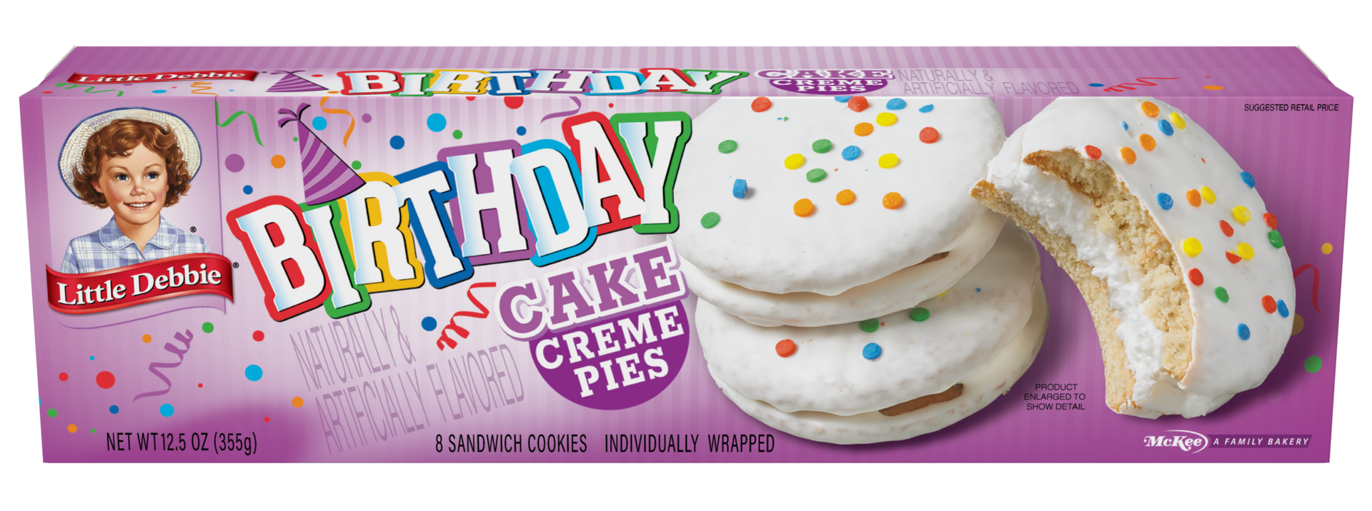 A box of birthday cake creme pies on a white background.