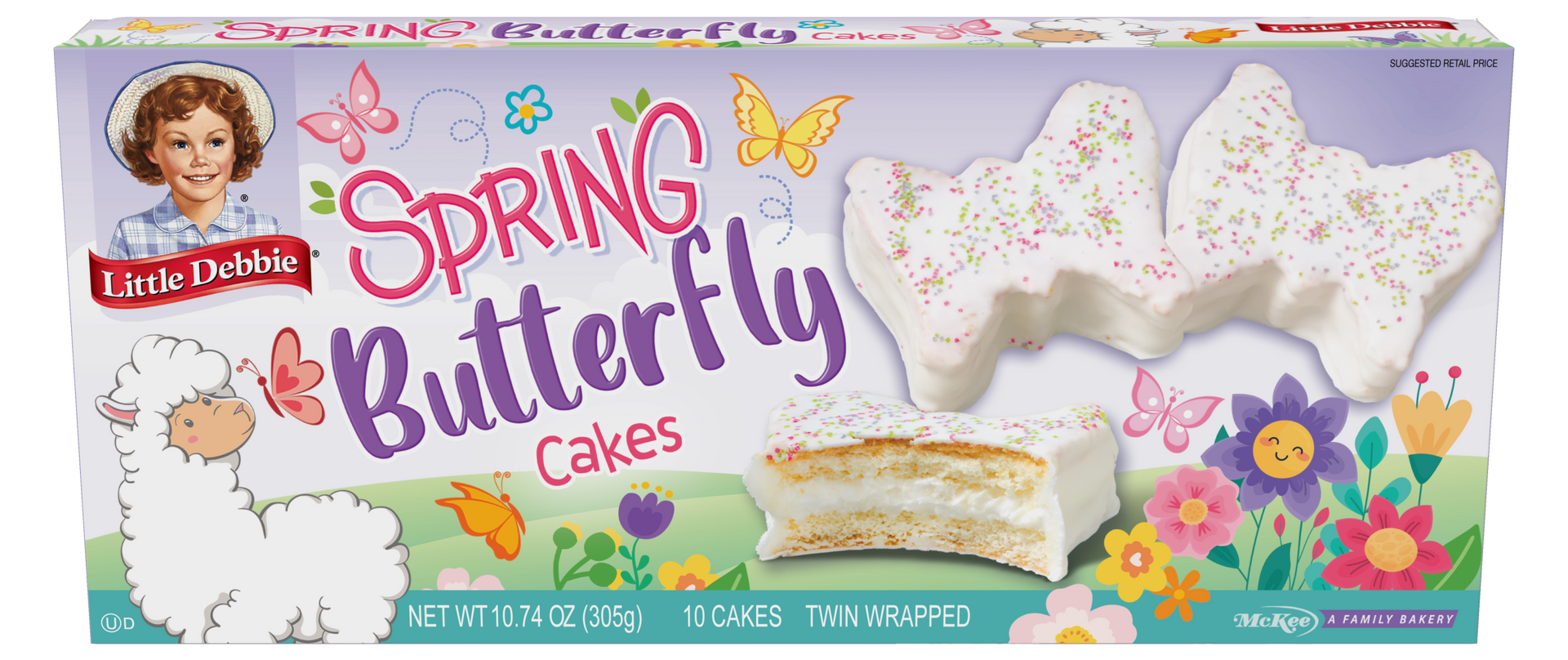 A box of butterfly cakes with a llama and butterflies on it.