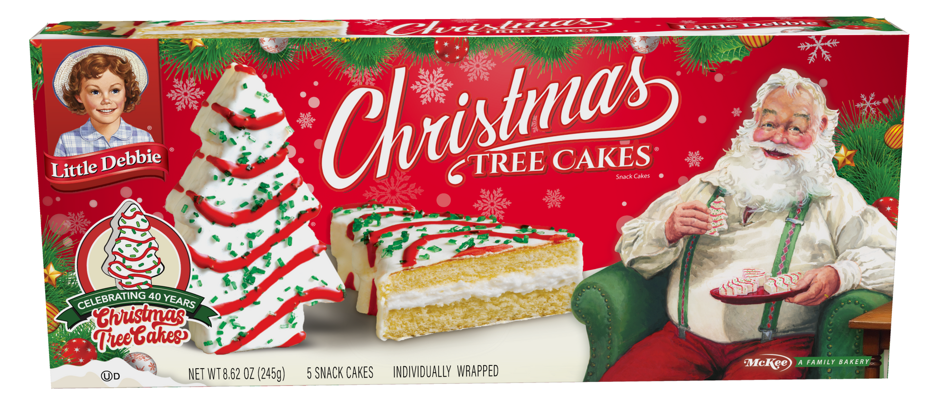 A box of christmas tree cakes with santa on the front.