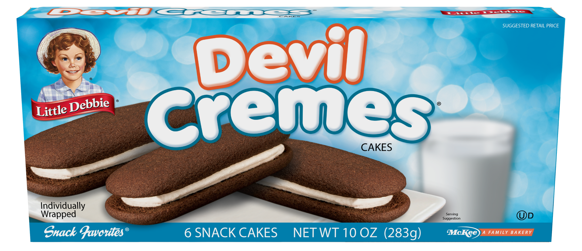A box of devil cremes cookies with a glass of milk in the background.