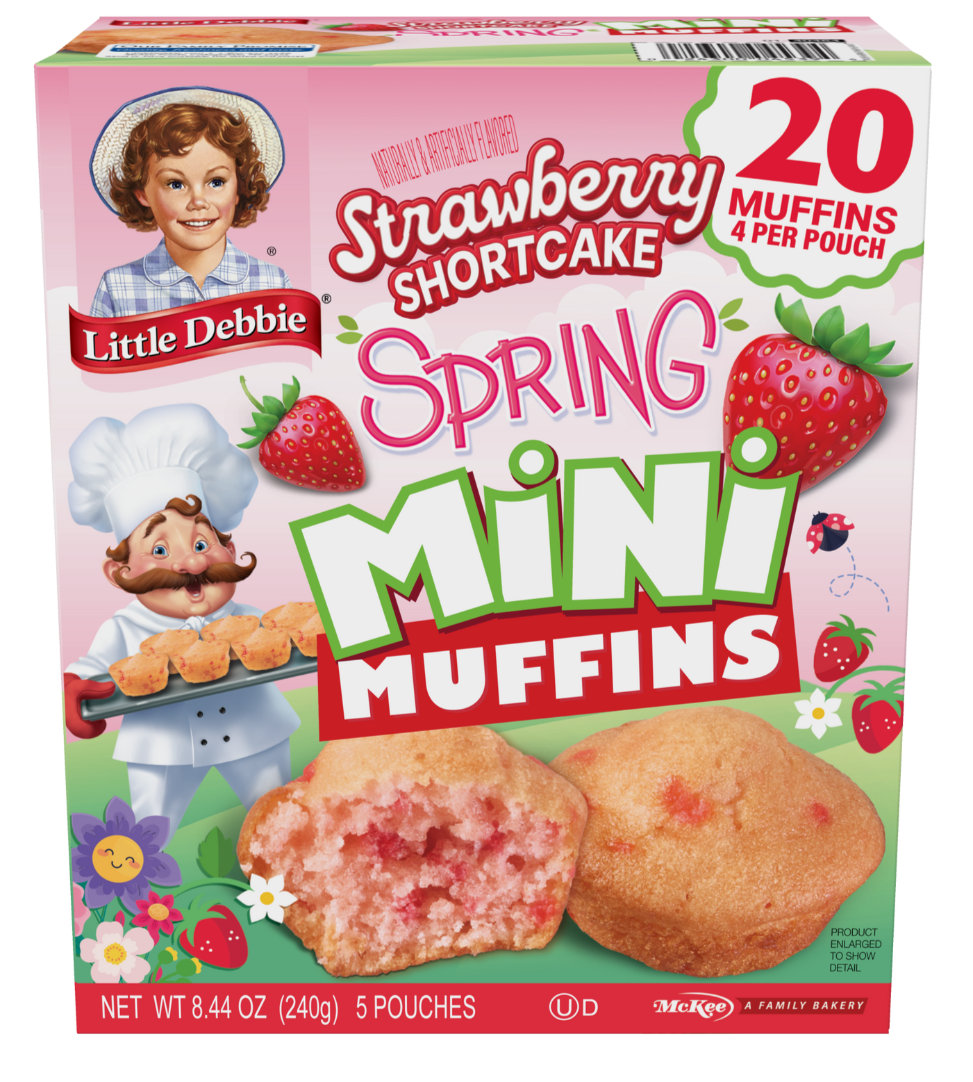 A box of strawberry shortcake mini muffins on a white background.