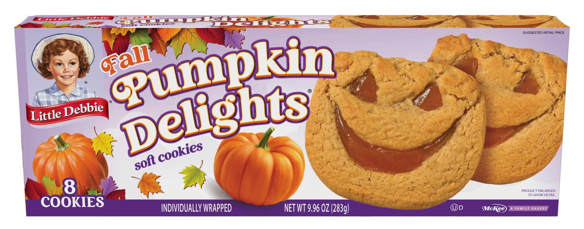 A box of pumpkin delights cookies on a white background