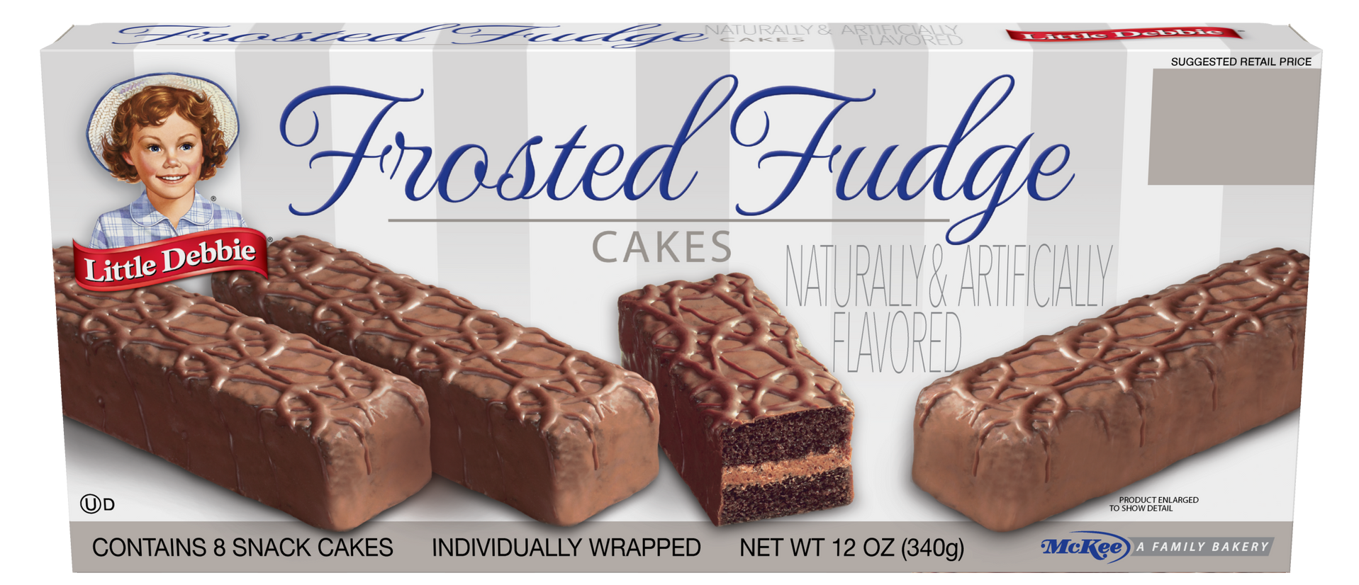 A box of frosted fudge cakes on a white background.