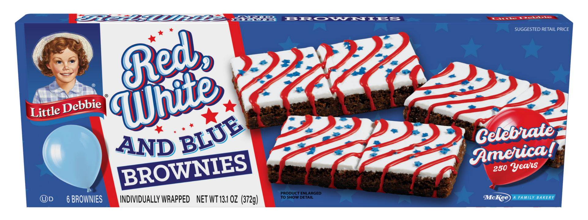 A box of red white and blue brownies with red white and blue frosting