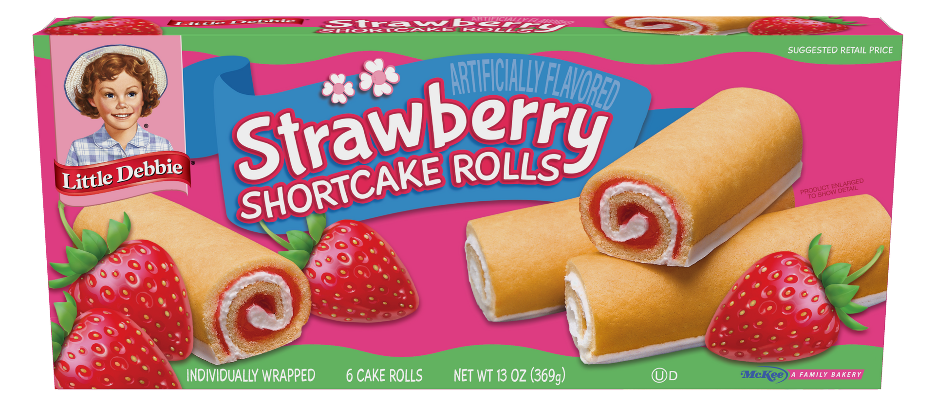 A box of strawberry shortcake rolls on a white background.