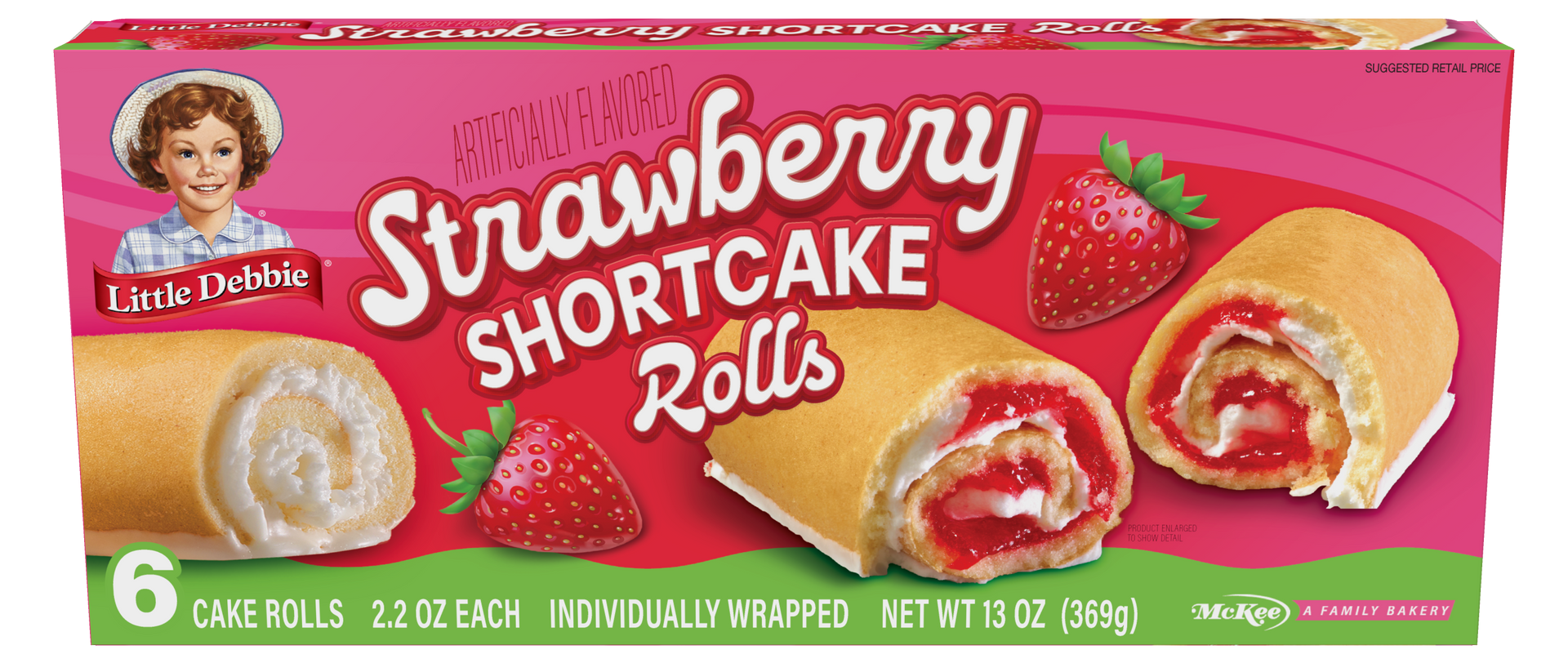 A box of strawberry shortcake rolls on a white background.