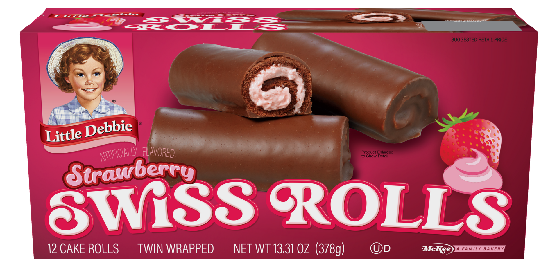 A box of swiss rolls with strawberry filling on a white background.