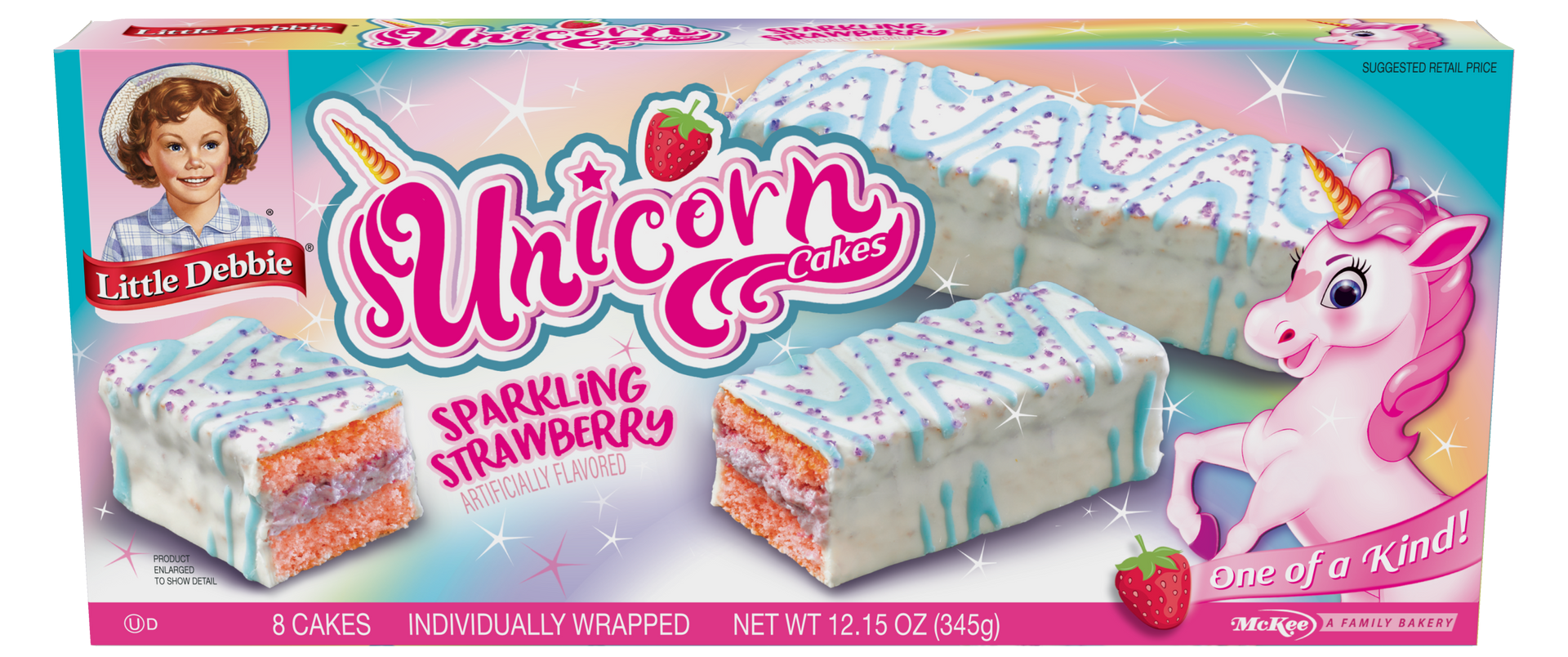 A box of unicorn cakes with a unicorn on it.