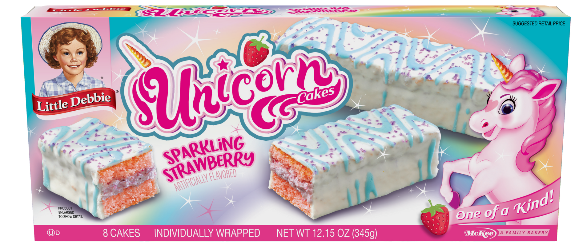 A box of unicorn cakes with a unicorn on it.