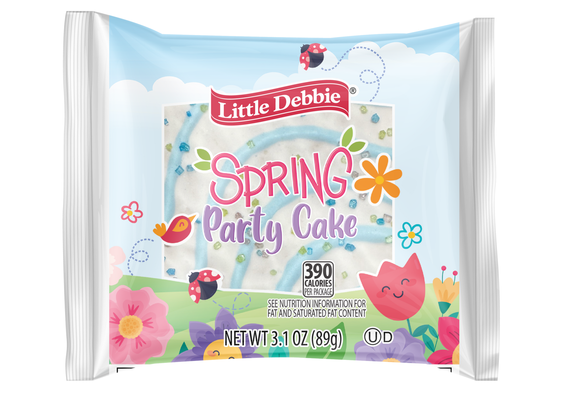 A bag of little debbie spring party cake with butterflies and flowers on it.