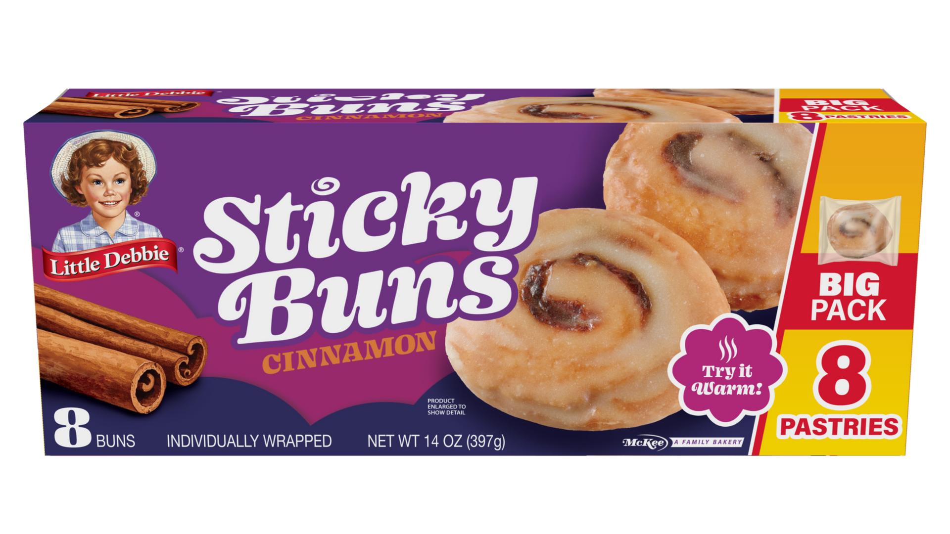 A bag of sticky buns with cinnamon sticks on a white background.