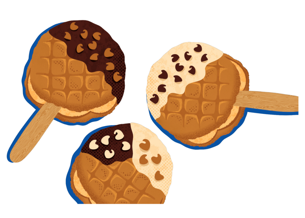 peanut butter creme pies with popsicles sticks, frozen, with chocolate, peanut butter, and chocolate chips