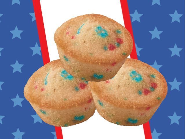 three red, white and blue mini muffins on a striped with star background