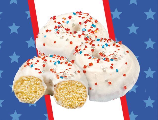 three red, white and blue mini donuts