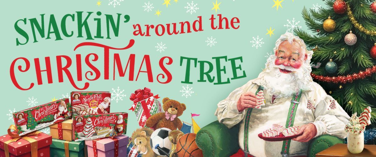 homepage banner with snackin around the christmas tree text with pictures of toys, little debbie and santa