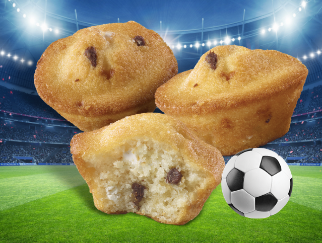 three mini muffins with chocolate chips and a soccer ball