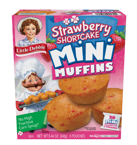 A box of strawberry shortcake mini muffins on a white background.