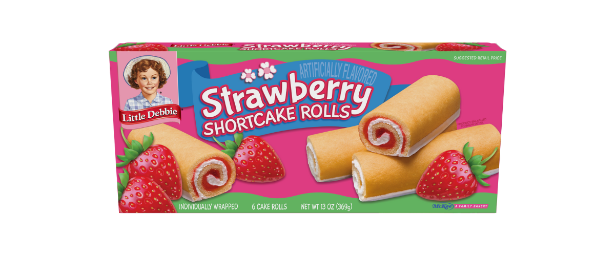 A box of strawberry shortcake rolls on a white background.