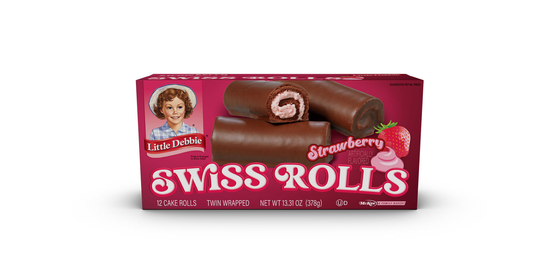 A box of swiss rolls with strawberry filling on a white background.