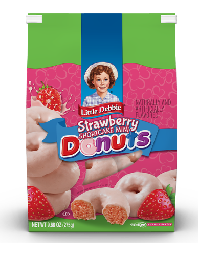 A box of strawberry donuts with a woman on the label.