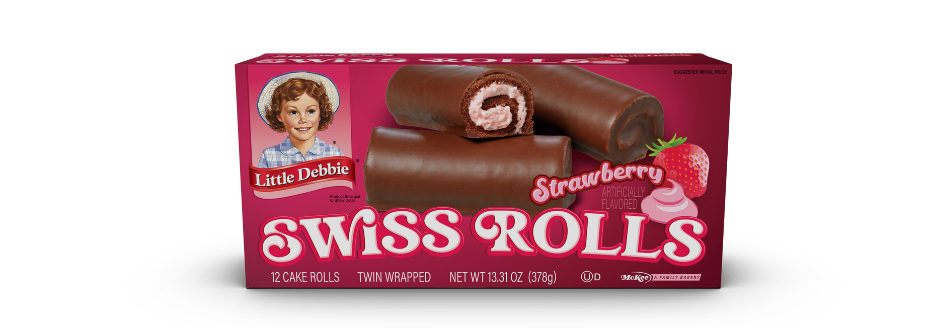 A box of swiss rolls with strawberry filling on a white background.