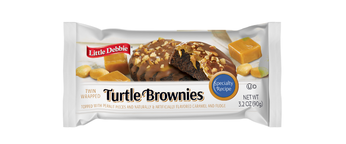 a pack of turtle brownies with caramel peanuts and fudge topping