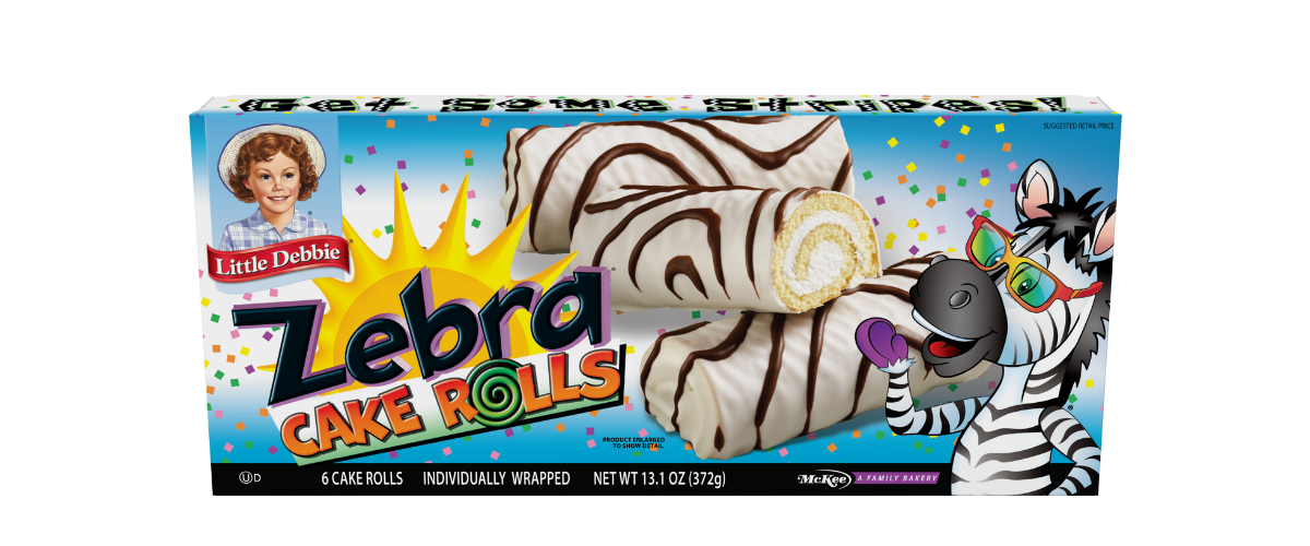 A box of zebra cake rolls with a zebra on it.