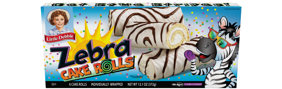 A box of zebra cake rolls with a zebra on it.
