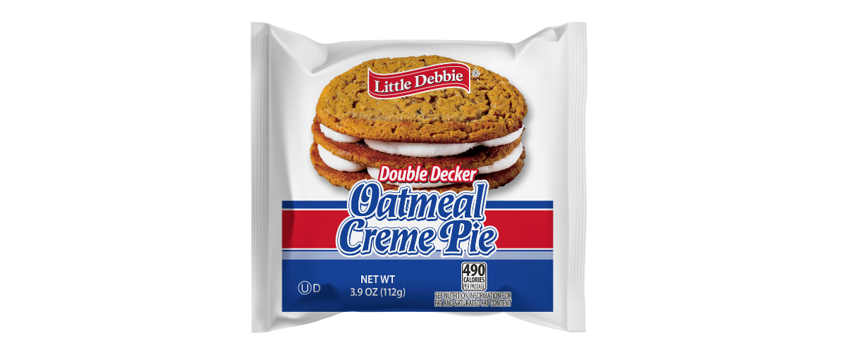 A package of oatmeal cream pie cookies with a picture of a sandwich on it.