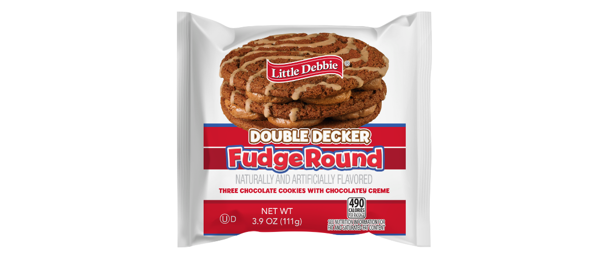 A bag of double decker fudge round cookies on a white background.