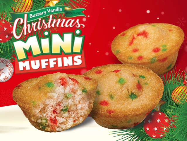 three christmas mini muffins with one missing a bite