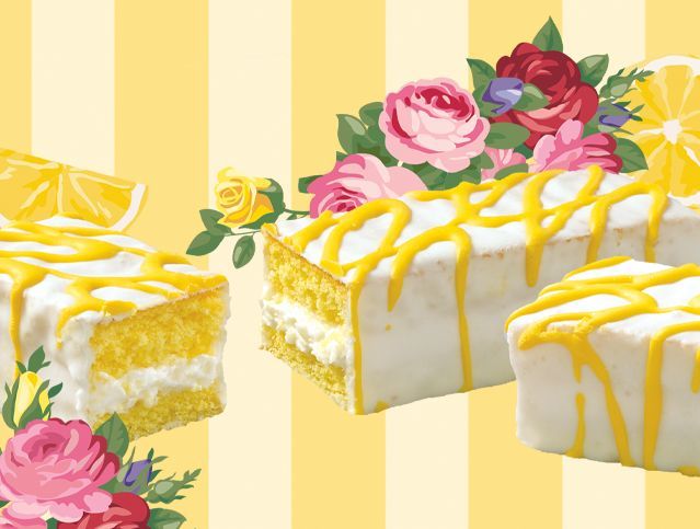 Three slices of cake with yellow frosting and flowers on a yellow striped background