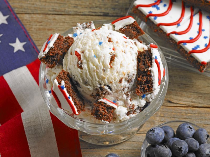vanilla ice cream with red white and blue iced brownies