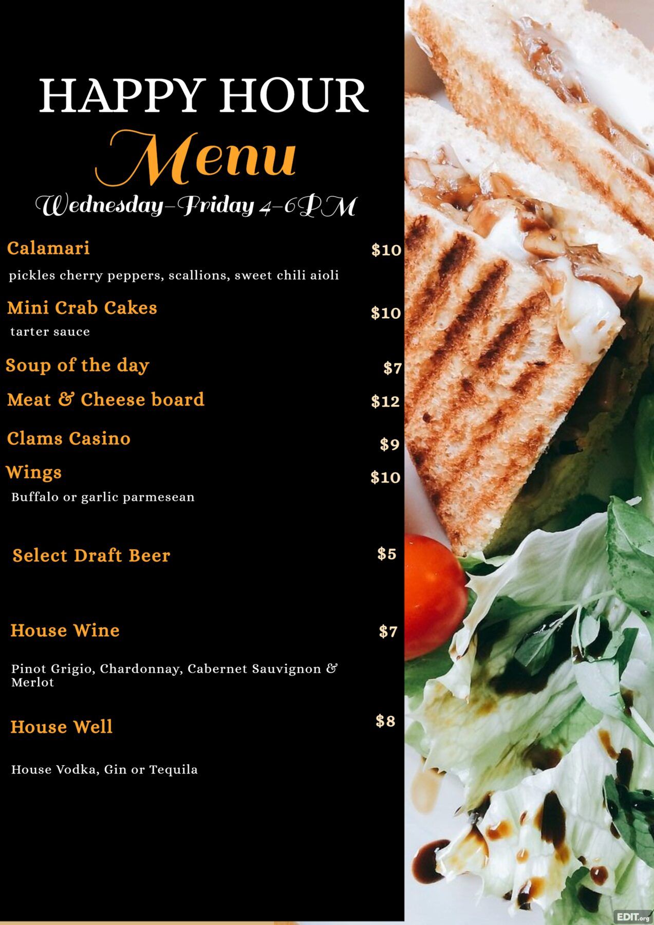 Happy hour menu Wednesday to Friday  4pm to 6pm