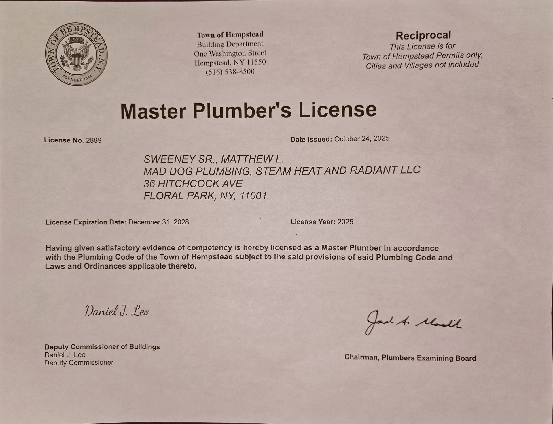 Master Plumber's License for Town of Hempstead - Matt Sweeney, Mad Dog Plumbing, Steam Heat and Radiant Heat