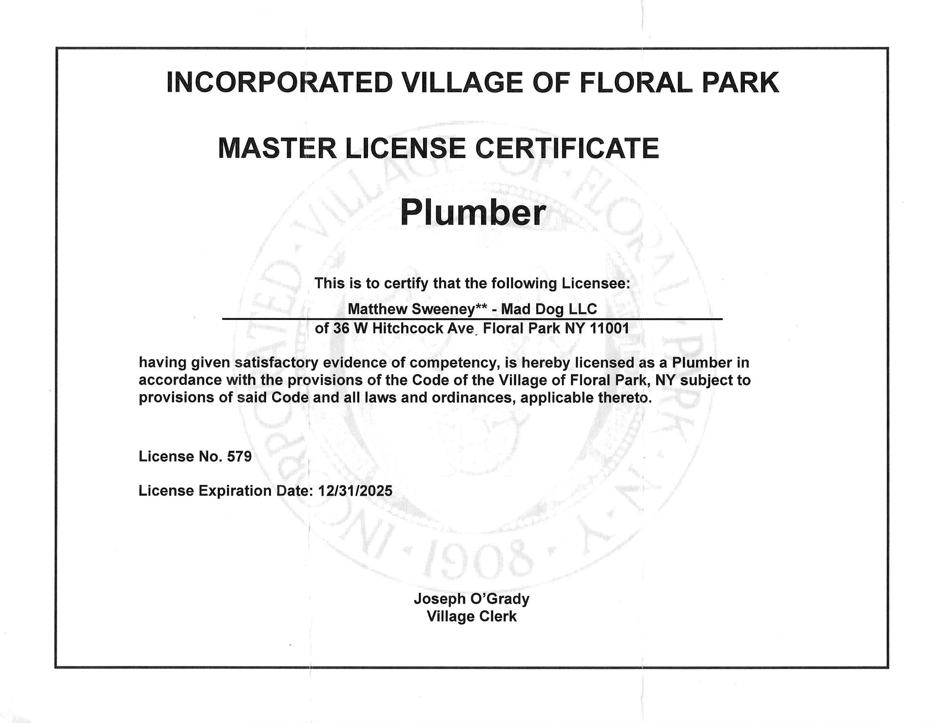 Master Plumber License Certificate for Matthew Sweeney, Mad Dog LLC -- Floral Park New York