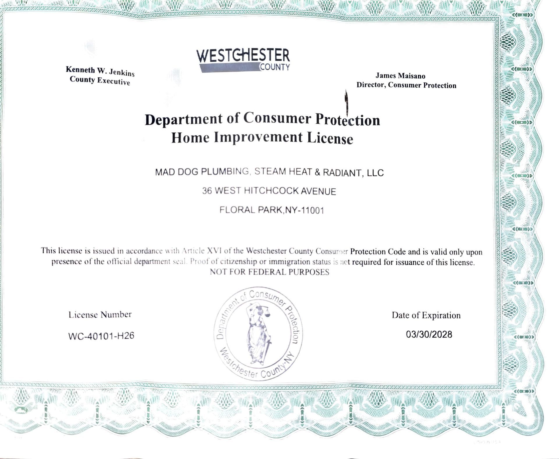 Westchester County New York Home Improvement Plumber &Contractor license for Westchester Home Improvements. Matt Sweeney | Mad Dog Plumbing LLC is Approved in Westchester County NY License WC-40101-H26