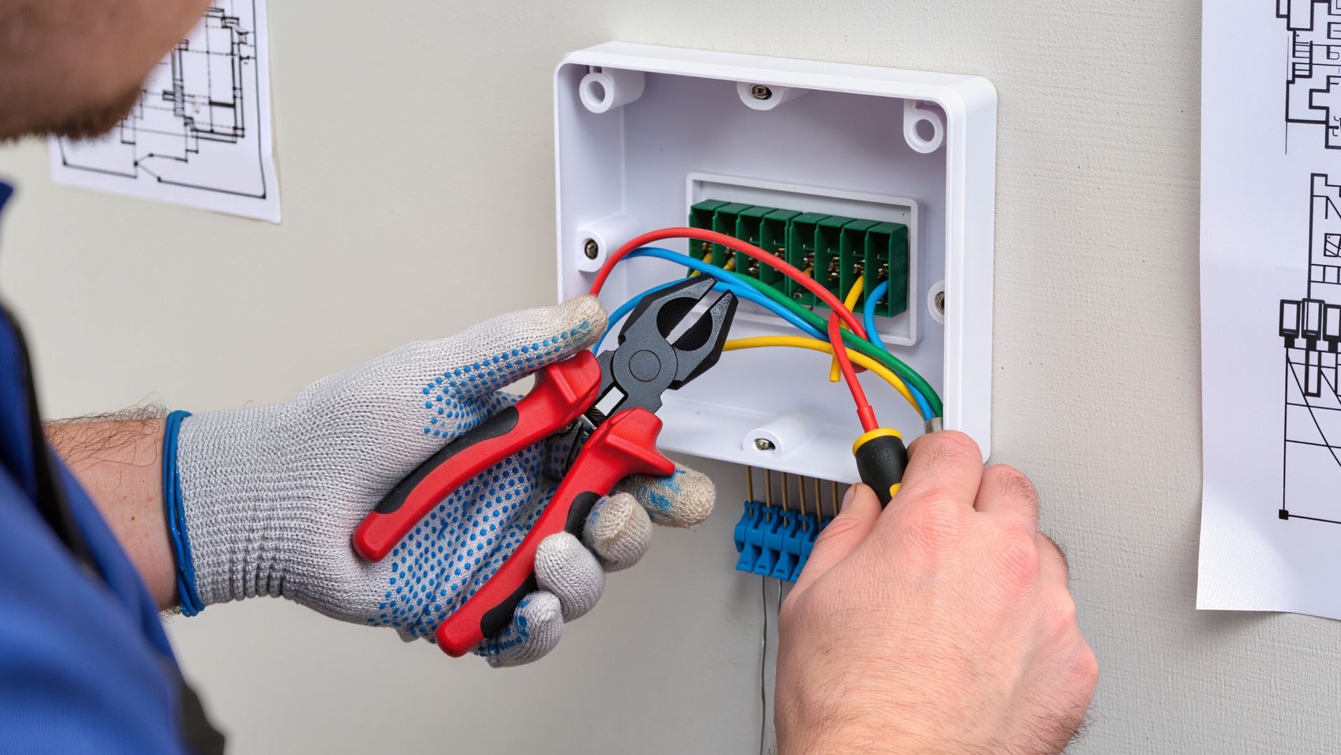 Technician using cutters and screwdriver to connect wires in an electrical control box.