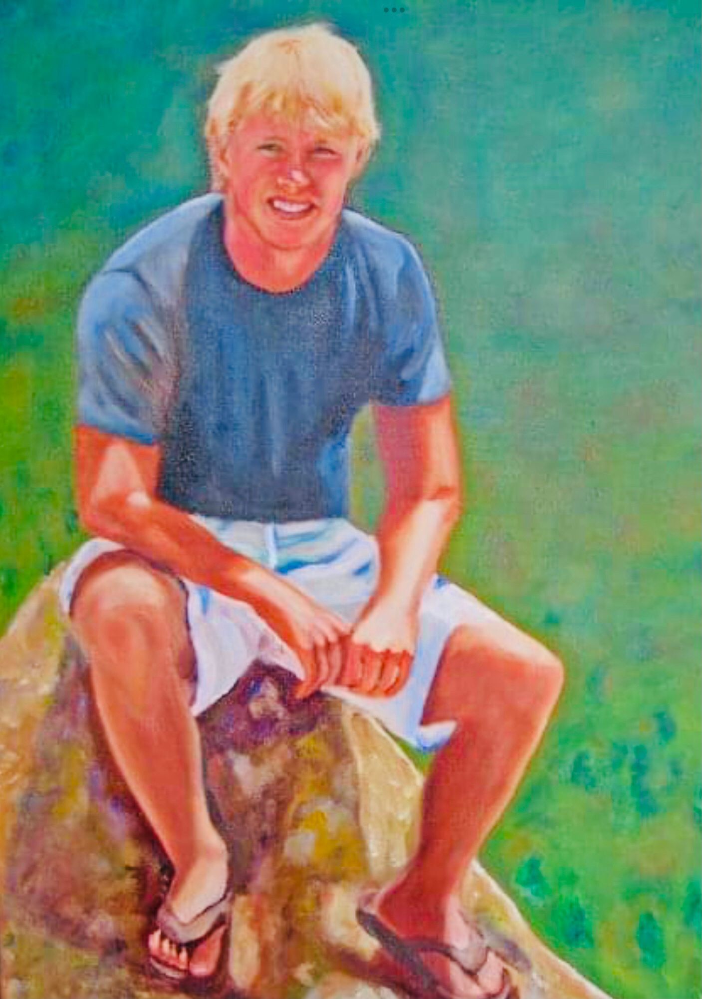 A painting of a young man sitting on a rock.