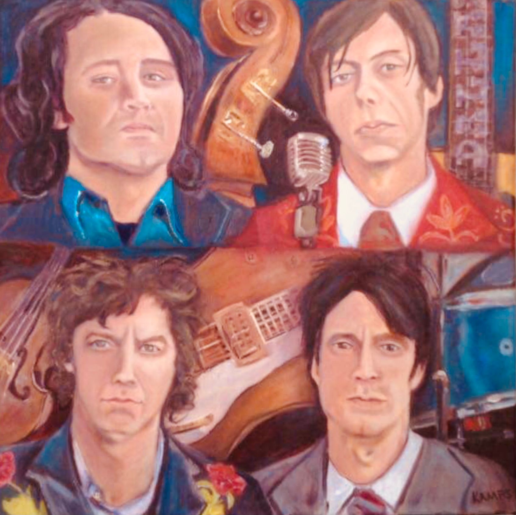 A painting of four men with musical instruments in the background