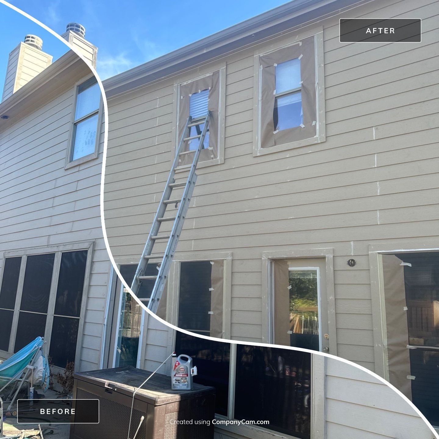 A before and after picture of a house being painted