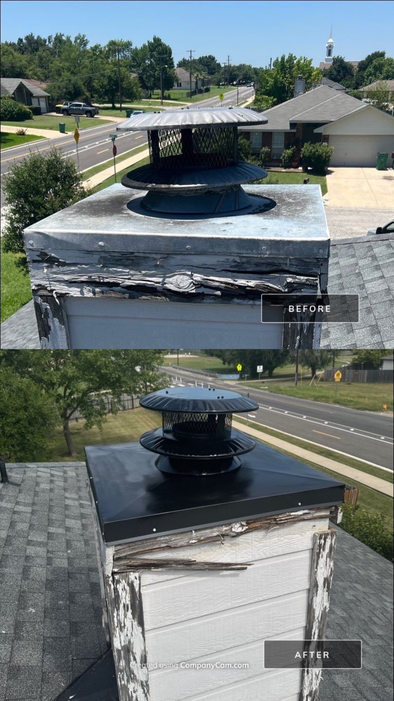 A before and after picture of a chimney on a roof.