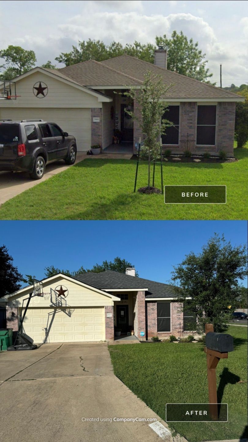 A before and after picture of a house with a mailbox