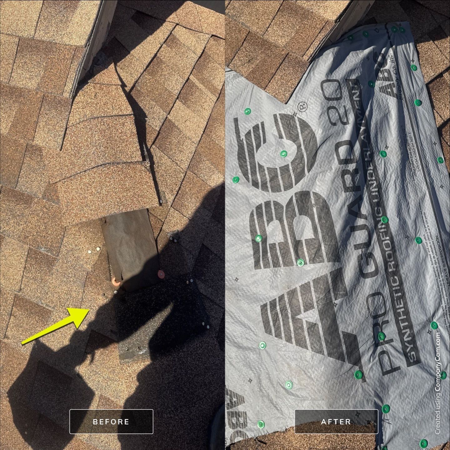 A before and after photo of a roof being repaired
