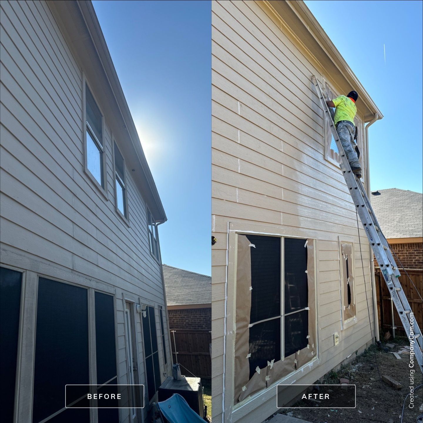 A before and after picture of a house being painted